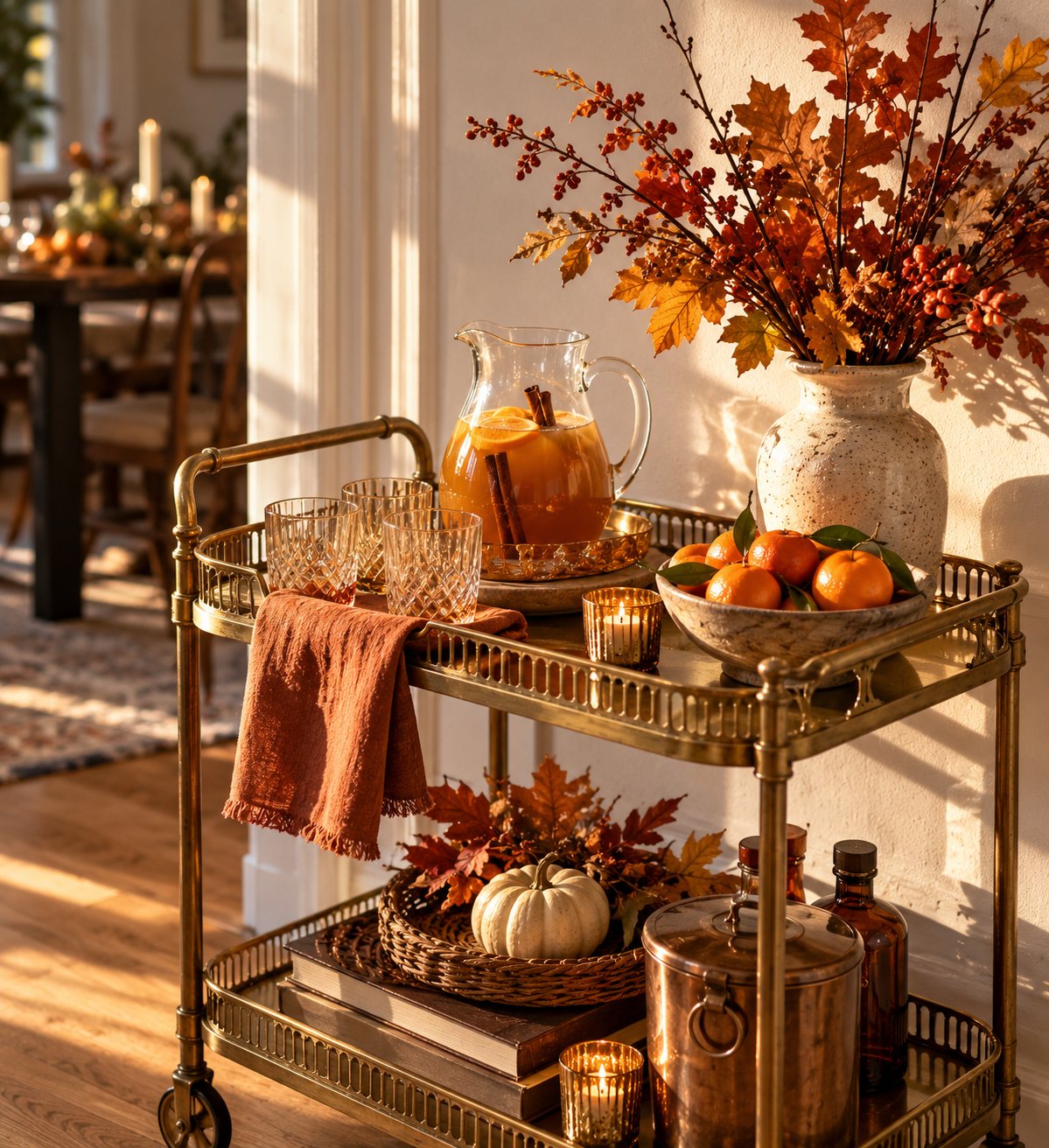 Brass bar cart styled as a Thanksgiving welcome station with cider, clementines and autumn branches