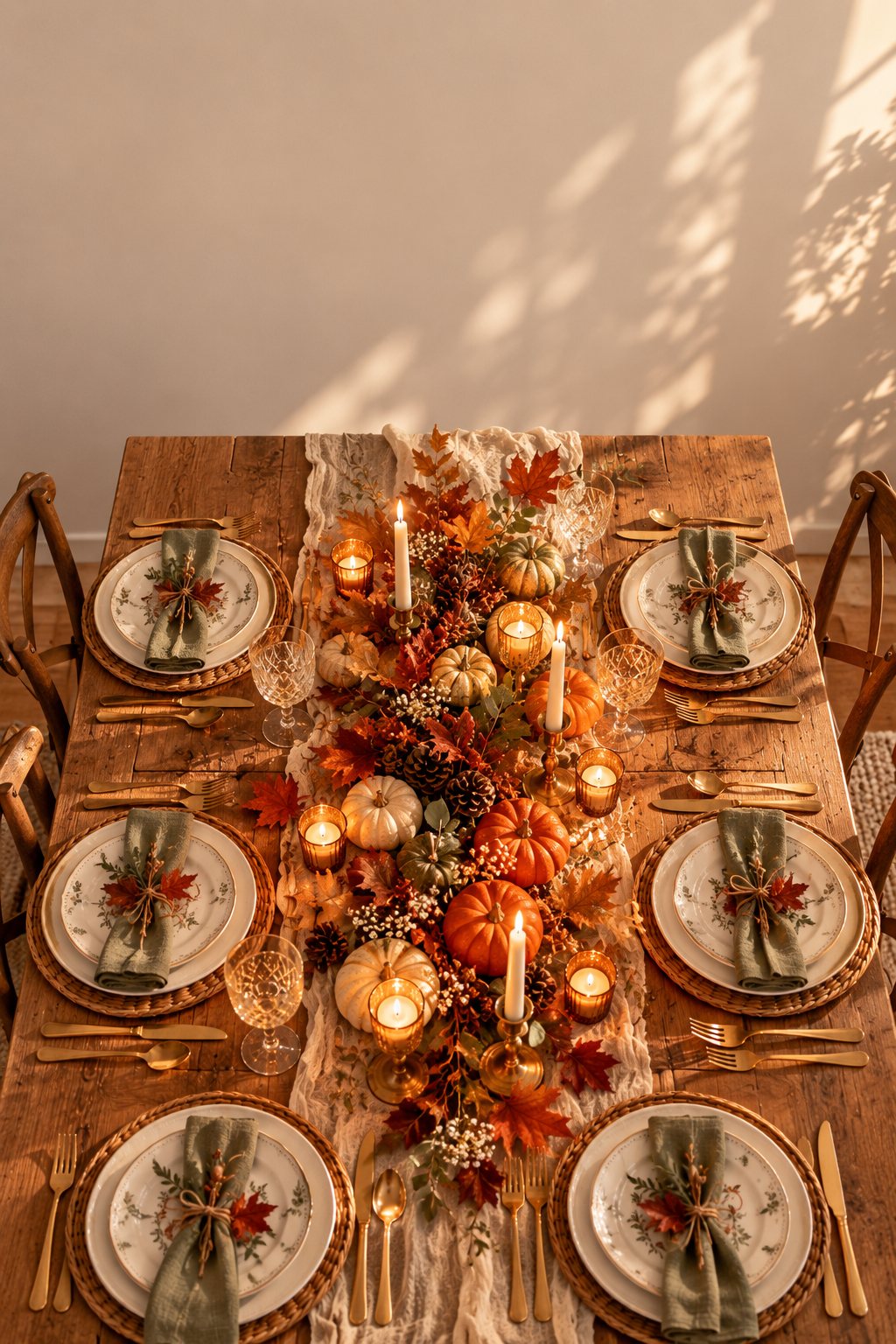 Overhead view of a complete Thanksgiving table setting with pumpkins, leaves and candles