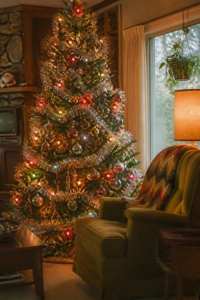 Vintage Christmas tree with multicolor bulb lights and retro glass ornaments