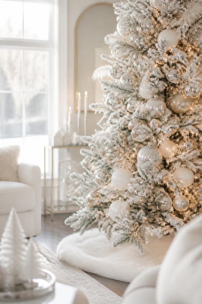 White and silver Christmas tree with mercury glass ornaments and faux-fur skirt